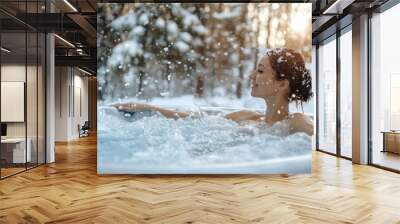 Portrait of a woman enjoys a luxury outdoor jacuzzi in the snowy winter forest Wall mural