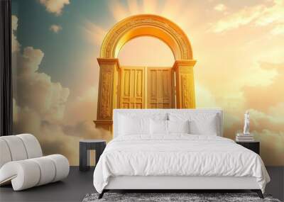 Ethereal shiny golden heaven gates or door in the heaven sky, surrounded by white clouds, entrance into paradise, Christian religious concept and belief Wall mural