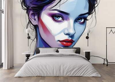 Hand drawing sketch of blue, black, violet and red colours of woman face Wall mural