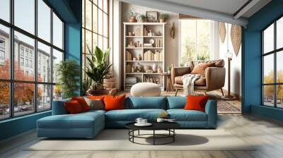 Bohemian and Scandinavian living room interior with big panoramic windows, armchair and bookshelf, AI generated Wall mural