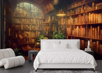 Steampunk old  library with books illustration Wall mural