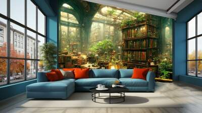 Steampunk old victorian library illustration Wall mural