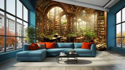 Steampunk old victorian library with plants illustration Wall mural