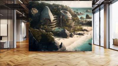 Tropical futuristic luxury holiday resort by the turquoise ocean  Wall mural