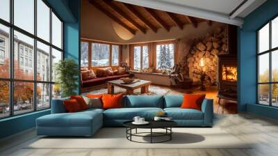 Warm winter chalet house interior with wooden beams and fireplace illustration  Wall mural