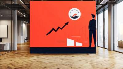 A business professional analyzes growth charts and strategies against a vibrant orange background, symbolizing progress and innovation. Wall mural