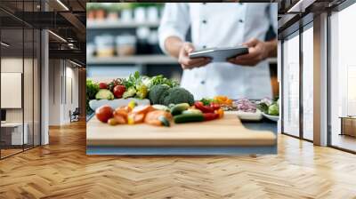 A chef prepares fresh vegetables on a cutting board, using a digital tablet in a modern kitchen filled with vibrant produce. Wall mural