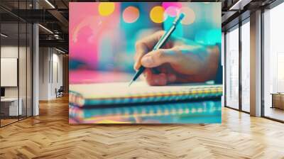 A close-up of a person's hand writing in a notebook with colorful bokeh lights in the background, representing creativity and inspiration. Wall mural