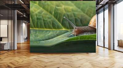 A close-up view of a snail crawling on a large green leaf in a natural, serene environment. Wall mural