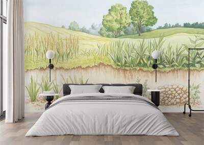 A detailed illustration of a layered landscape featuring grass, crops, and foliage, showcasing nature's diversity and beauty. Wall mural