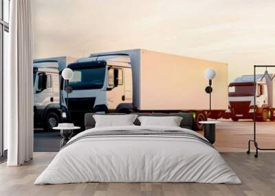 A fleet of delivery trucks parked in a row during sunset, showcasing modern design and logistics efficiency. Wall mural