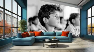 A focused boy in a classroom setting, captivated by learning, surrounded by fellow students in a black and white photograph. Wall mural