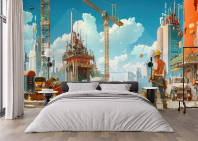 A futuristic construction site with a worker in a hard hat and dog, surrounded by tall buildings, cranes, and machinery under a blue sky. Wall mural