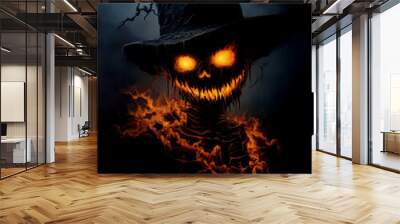 A haunting pumpkin figure with glowing eyes and an eerie smile, standing amidst a dark, fiery background. Wall mural