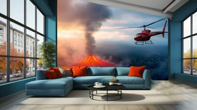 A helicopter flies near a volcanic eruption, capturing dramatic smoke and lava against a vibrant sunset sky. Wall mural