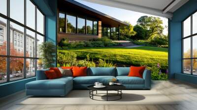 A modern house with large windows set against a lush green landscape, showcasing beautiful garden designs and serene outdoor living. Wall mural