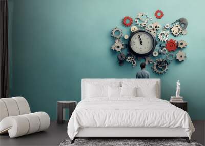 A person stands in front of a creative clock design made from gears, symbolizing time management and innovation. Wall mural