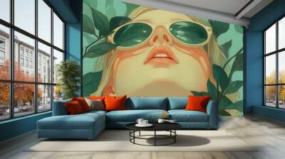 A serene portrait of a woman wearing sunglasses surrounded by lush green leaves, evoking a sense of peace and connection to nature. Wall mural