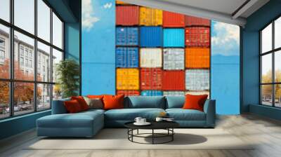 A vibrant arrangement of colorful shipping containers stacked against a blue sky with fluffy clouds, highlighting the essence of industrial transport and logistics. Wall mural