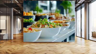 A vibrant display of various salads and bowls featuring fresh ingredients, perfect for healthy meals and culinary inspiration. Wall mural