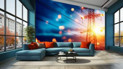 A vibrant electric tower silhouetted against a colorful sunset, showcasing energy and modern infrastructure in a dynamic landscape. Wall mural