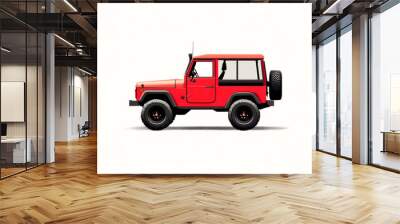 A vibrant red off-road vehicle on a clean white background, showcasing its rugged design and distinct features, perfect for adventure and travel themed visuals. Wall mural