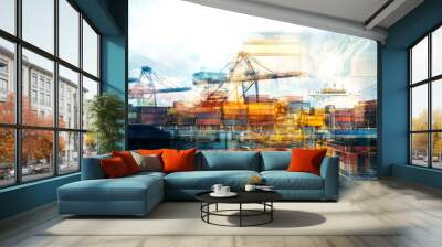 A vibrant scene of a cargo ship loaded with containers docked at a bustling port, showcasing the dynamic operations of maritime transport against a cloudy sky. Wall mural