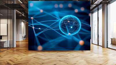 Abstract digital landscape featuring glowing spheres and interconnected lines, symbolizing technology and futuristic concepts. Wall mural