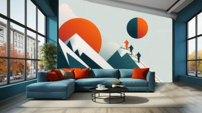 Abstract illustration of two figures climbing stylized mountains with sun and moon in the background, highlighting adventure and determination. Wall mural