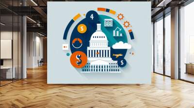 An artistic illustration depicting government finance with symbols of economy and statistics around a capitol building. Wall mural