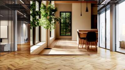 Bright and airy interior featuring large windows, wooden accents, and a stylish dining area with natural light flooding in. Wall mural