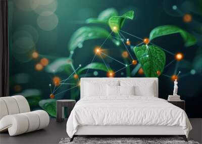 Close-up of green leaves with abstract digital connections, representing the integration of nature and technology. Wall mural