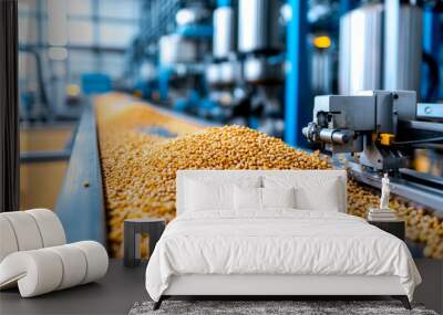 Close-up of soybean grains on a conveyor belt in a modern factory, showcasing the agricultural processing and equipment used for grain production. Wall mural