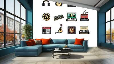 Collection of colorful music-related icons, including instruments and equipment on a white background, perfect for digital and print projects. Wall mural