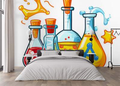 Colorful cartoon illustration of chemical flasks and beakers with bubbling reactions on a grey stand. Fun and educational science image. Wall mural