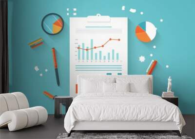 Colorful data analytics and business report illustration with graphs, charts, and office supplies on a turquoise background. Wall mural