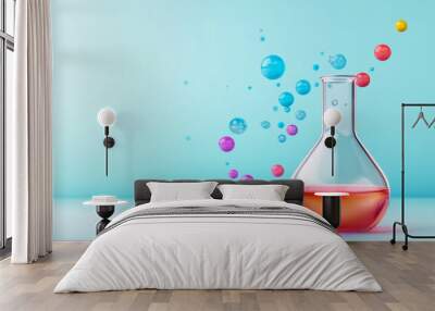 Colorful laboratory flask with bubbling liquids and vibrant bubbles, showcasing a fun and engaging science theme. Wall mural