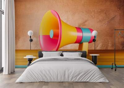 Colorful megaphone on a wooden surface, ideal for advertising and promotion concepts. Vibrant design adds a playful element, making it perfect for eye-catching visuals. Wall mural