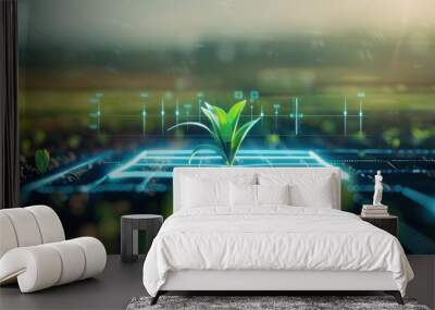 Digital agriculture concept with glowing technology integrated with a young plant, symbolizing innovation in farming. Wall mural