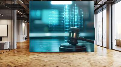 Digital judge's gavel against a futuristic background, symbolizing modern technology in law and cyber justice. Wall mural