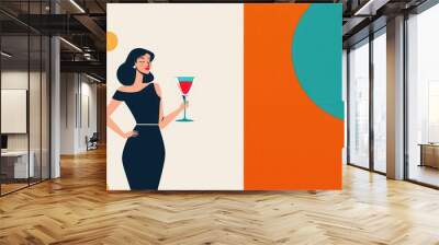 Elegant woman in black dress holding a cocktail glass in a minimalist themed illustration with bold geometric shapes and vibrant colors. Wall mural