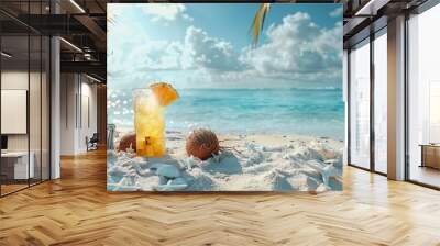 eye-level view of an ice cooler with a colorful ball and pineapple on the white beach sand, capturin Wall mural