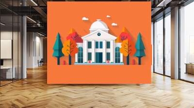 Flat style vector illustration of a white building with a dome, surrounded by autumn trees and an orange background. Wall mural