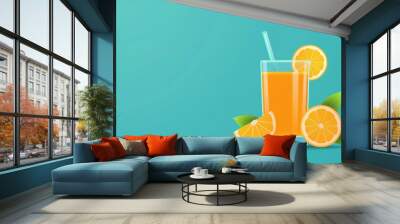 Fresh orange juice in a glass with straw and orange slices on a blue background. Refreshing beverage concept for summer or breakfast. Wall mural