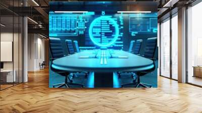 Futuristic conference room with holographic display and modern technology. Ideal for themes of innovation, business, and high-tech environments. Wall mural