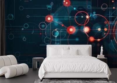 Futuristic digital network visualization with glowing nodes and connections, perfect for technology or innovation concepts. Wall mural