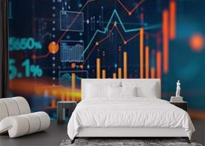 Futuristic financial data analysis graph with abstract glowing lines and dots on a digital screen, representing market trends and technology. Wall mural