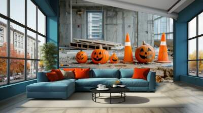 Halloween pumpkins and traffic cones in an unfinished building. Jack-o'-lanterns arranged on a construction site floor. Wall mural