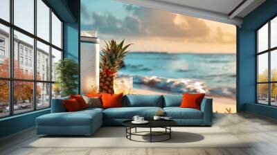 Idyllic summer beach setting with a picnic spread including an ice cooler, coconuts, and pineapple, designed with extra copy space for a tranquil holiday atmosphere. Wall mural