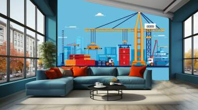 Illustration of a busy port with cargo containers, cranes, and a ship, showcasing maritime transportation and logistics. Bright and modern design. Wall mural